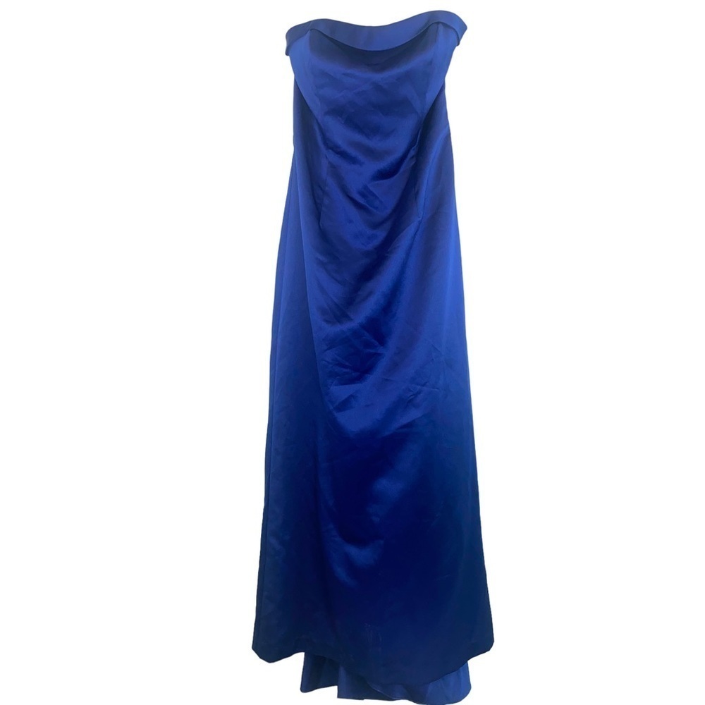 David's Bridal Strapless A line Royal Blue Cascading Train Maxi Dress - Picture 2 of 12